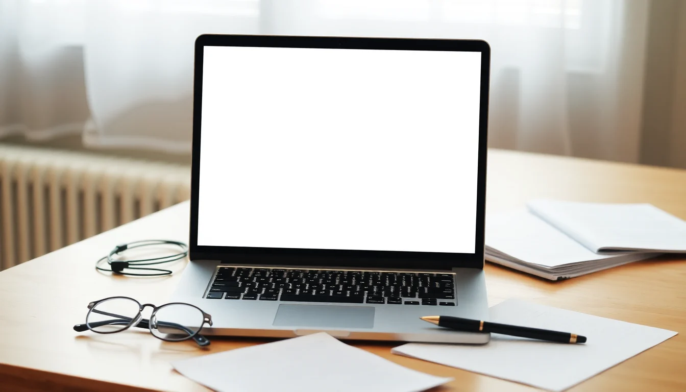 Ordinateur portable ouvert sur un bureau, à côté de documents et de lunettes