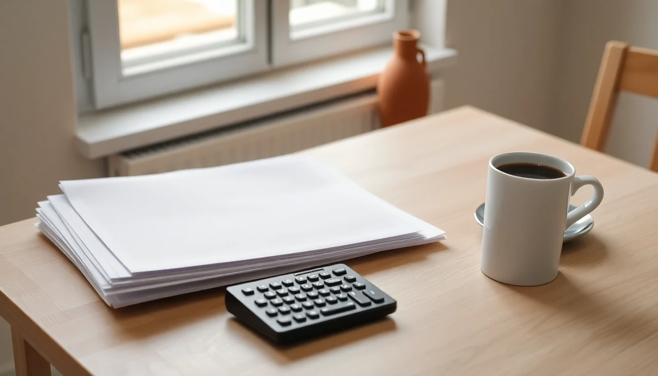 Dossier de documents et calculatrice posés sur une table de cuisine, à côté d'une tasse