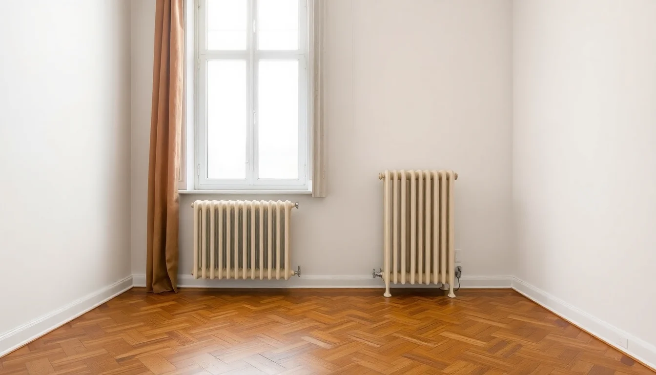 Radiateur en fonte ancien sous une fenêtre, dans une pièce au parquet ancien