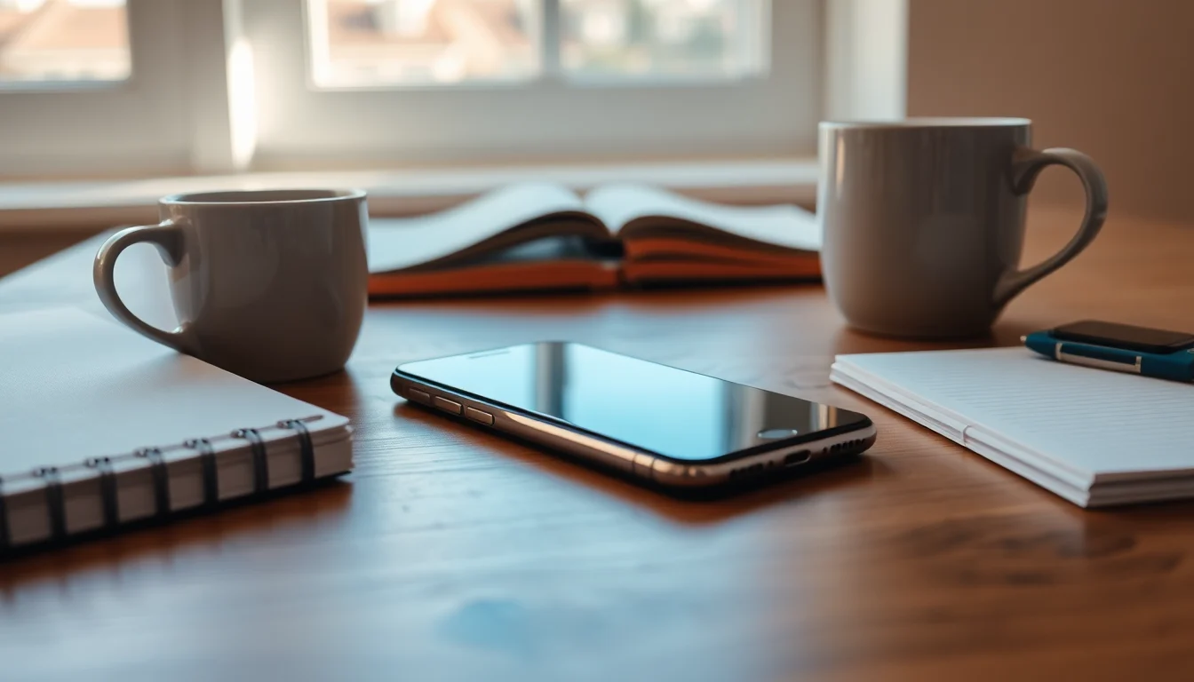 Téléphone portable posé écran contre la table, à côté d'une tasse