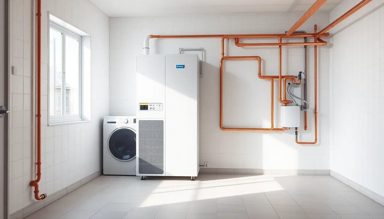Module intérieur de pompe à chaleur avec ballon d'eau chaude dans une buanderie