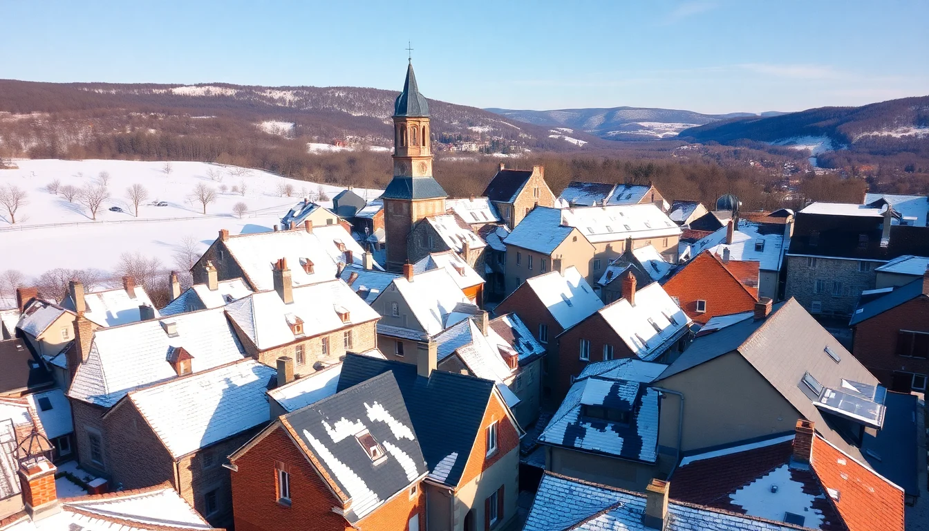 Village français aux toits enneigés par un matin d'hiver